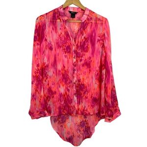 VTG Wrangler Rock 47 Hot Pink Bright Orange Hi-Lo Sheer Gem Button Down L